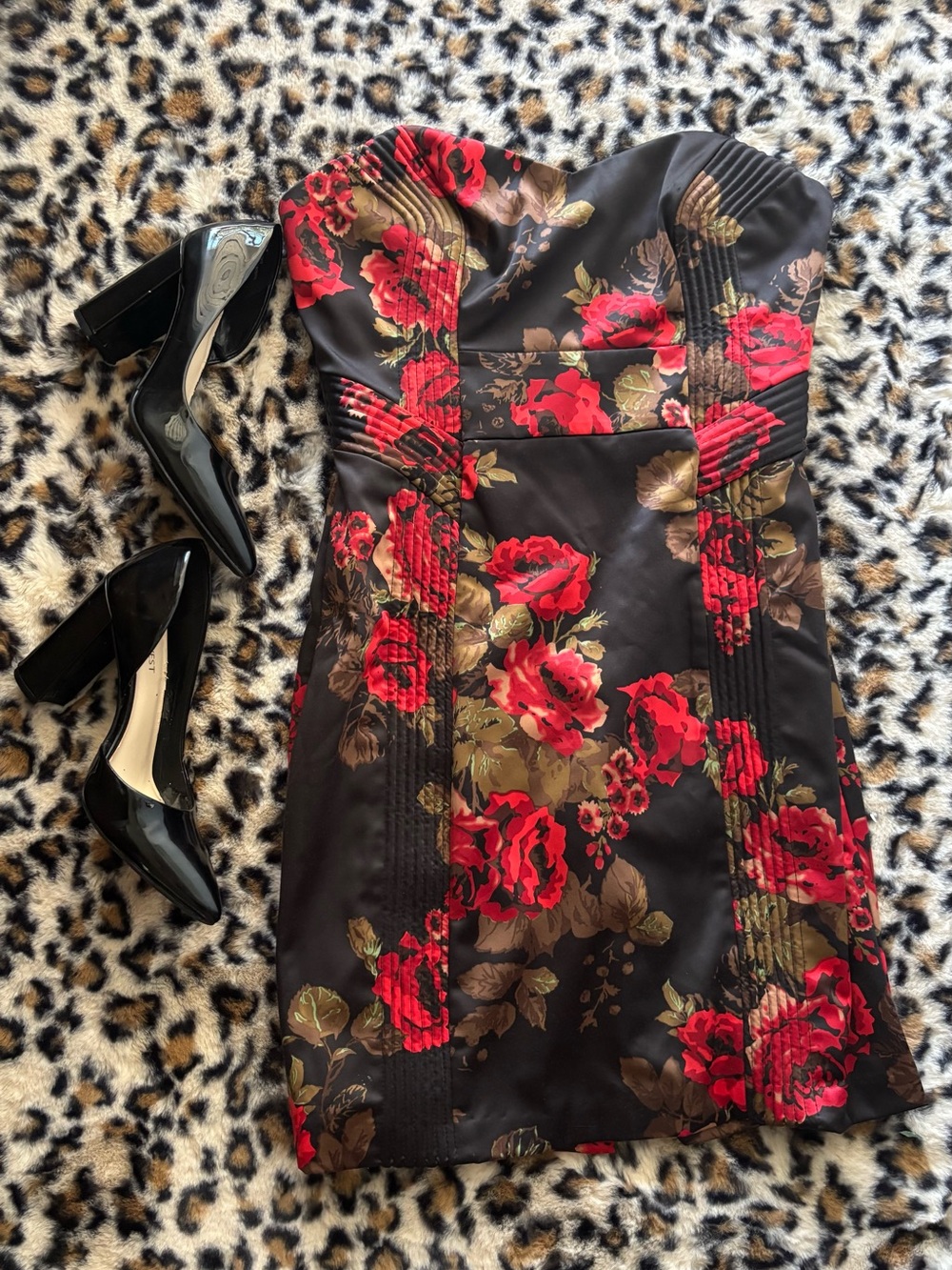 Guess Strapless Black Dress with Red Rose Print